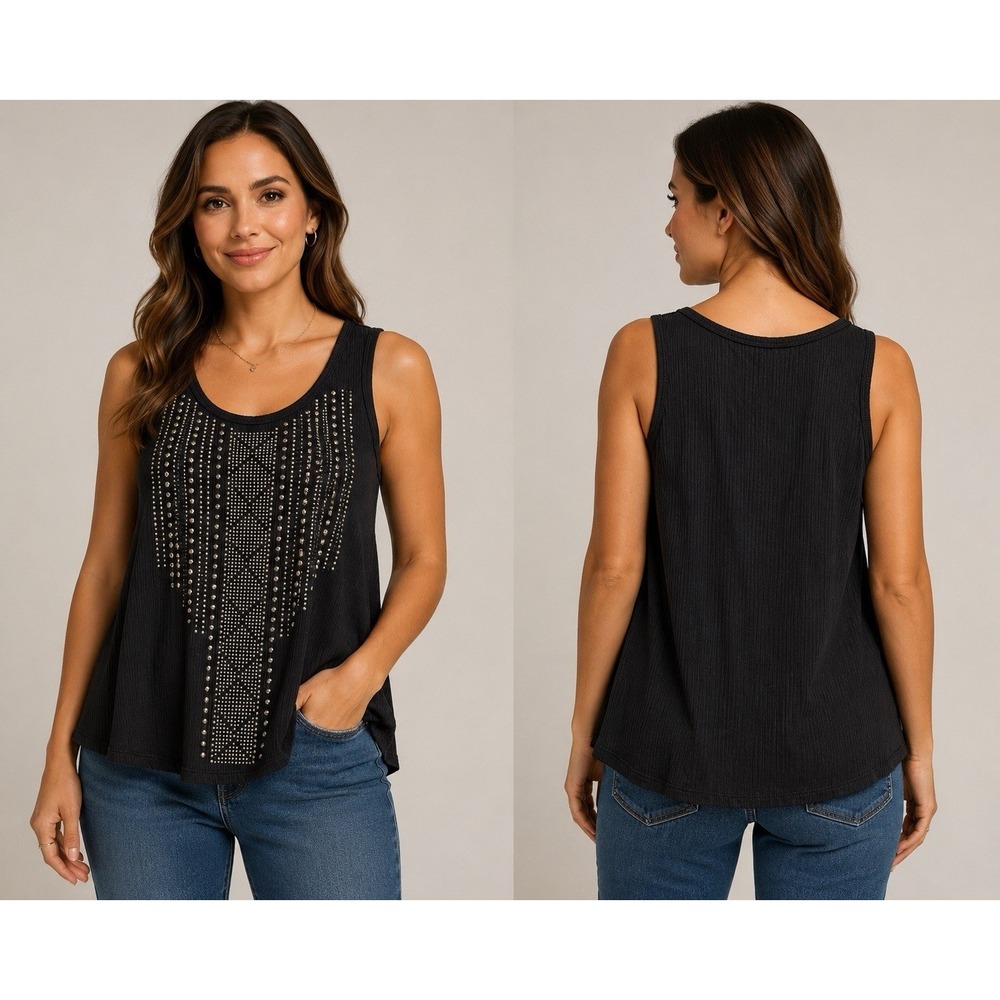 Vocal USA Women's Small Black Studded Sleeveless Ribbed‎ Tank Top Boho Western